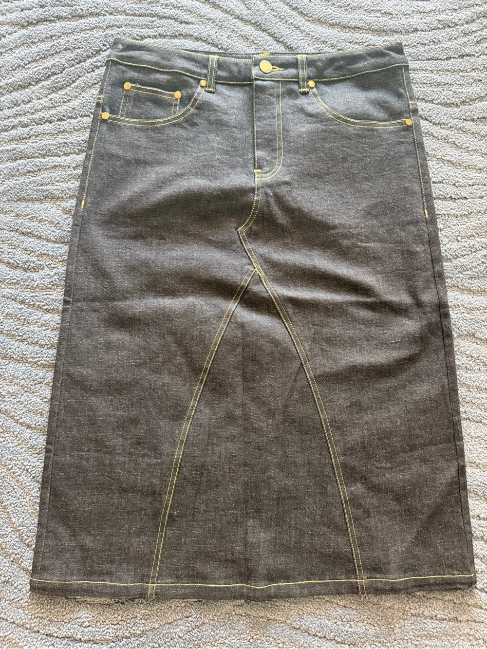 Dark Denim Midi Skirt with Contrast Yellow Stitching New Sample skirt Small